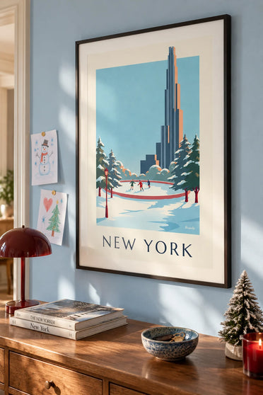 Poster van Central Park en de ijsbaan in de winter in New York: ingelijst aan de muur