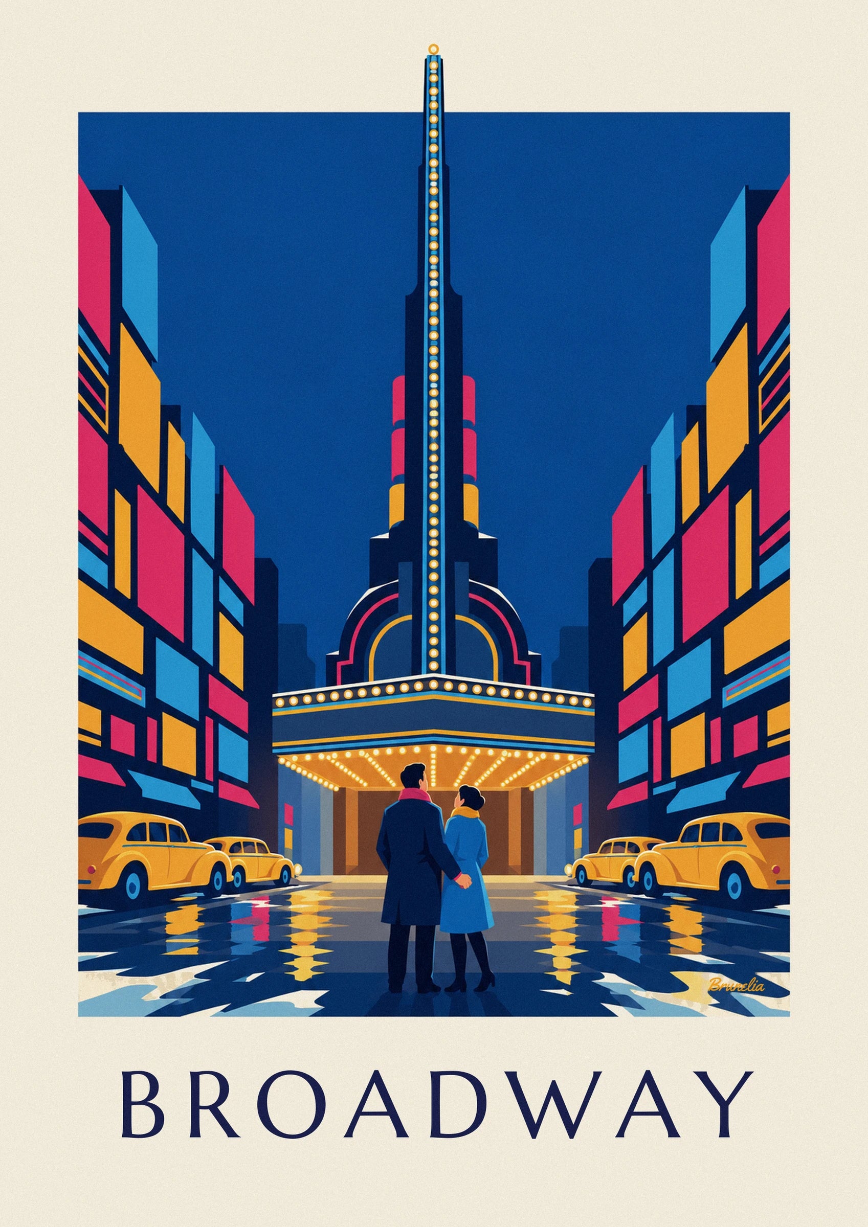 Couple seen from behind beneath the lit canopy, he in a navy coat, she in a blue coat
