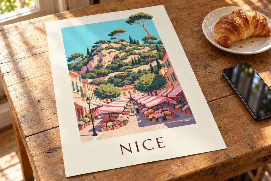 Poster bloemenmarkt aan de Cours Saleya in Nice: op een tafel