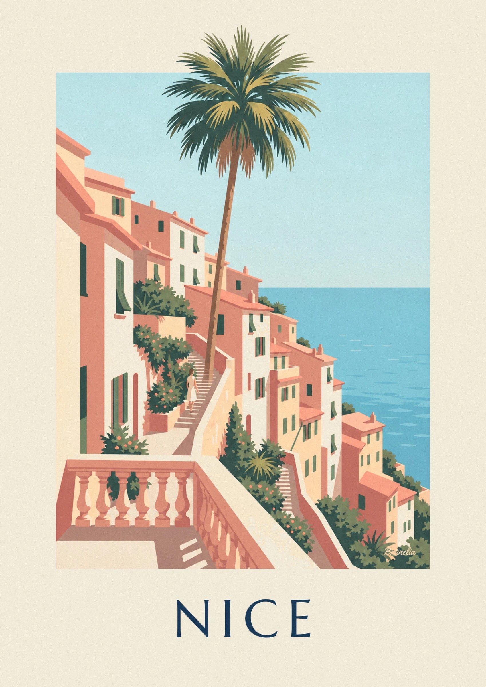 Cream and ochre façades with green shutters, between pink rooftops and foliage
