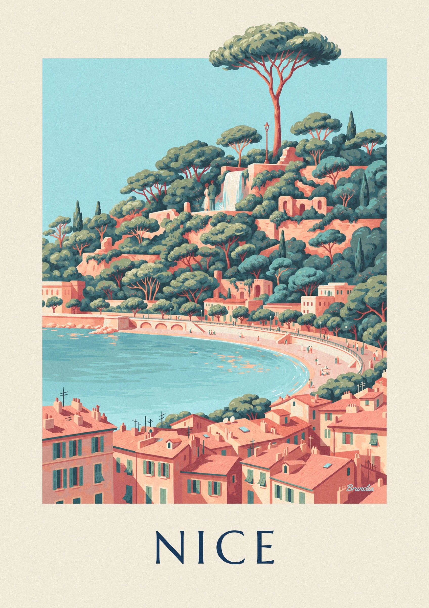 Affiche cascade de la colline du Château et baie des Anges à Nice : détail en gros plan