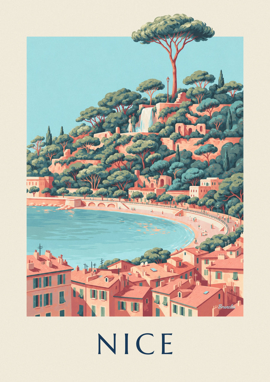 Affiche cascade de la colline du Château et baie des Anges à Nice