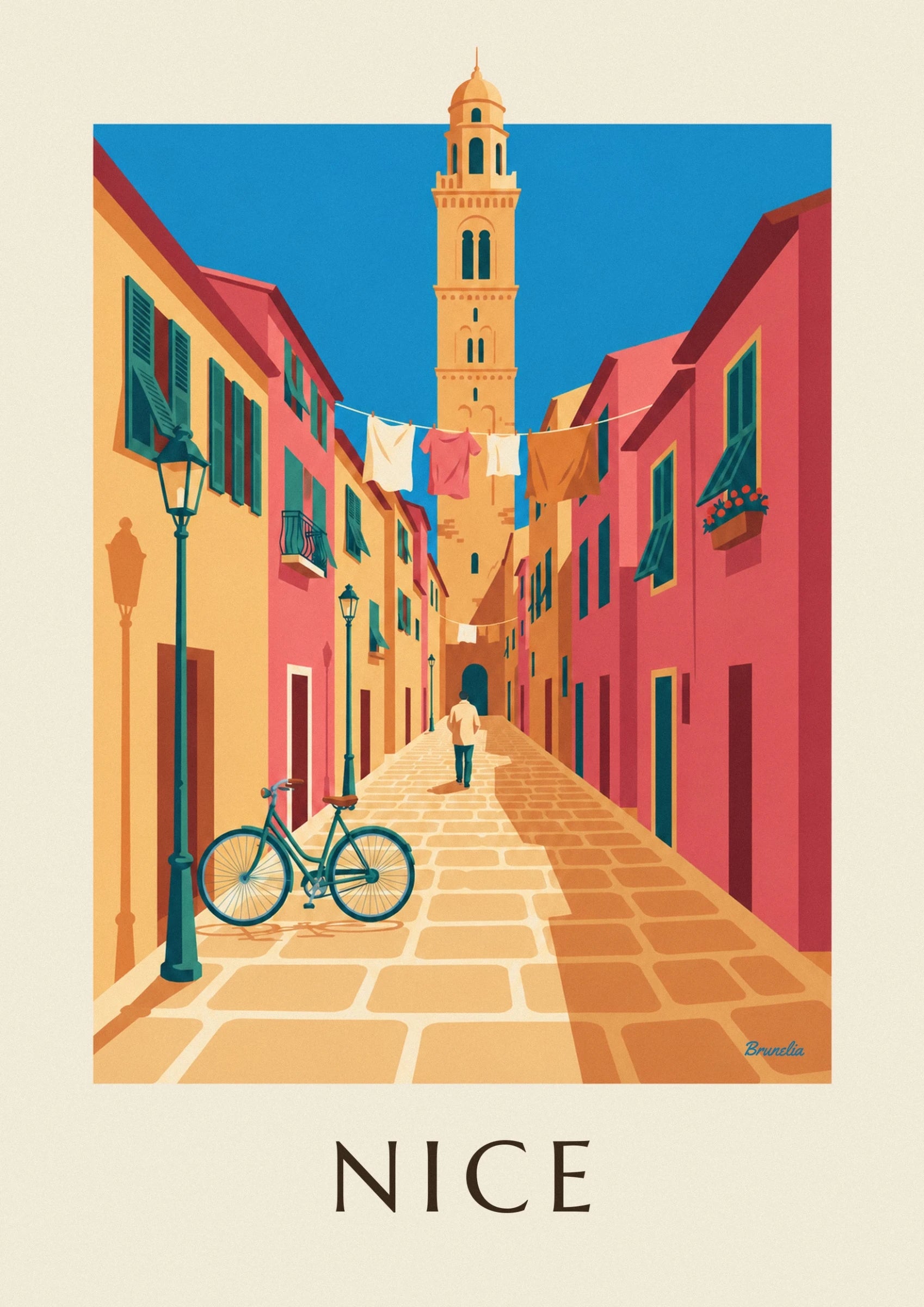 Le vélo vert à selle brune sur les pavés dorés d'une ruelle du Vieux Nice