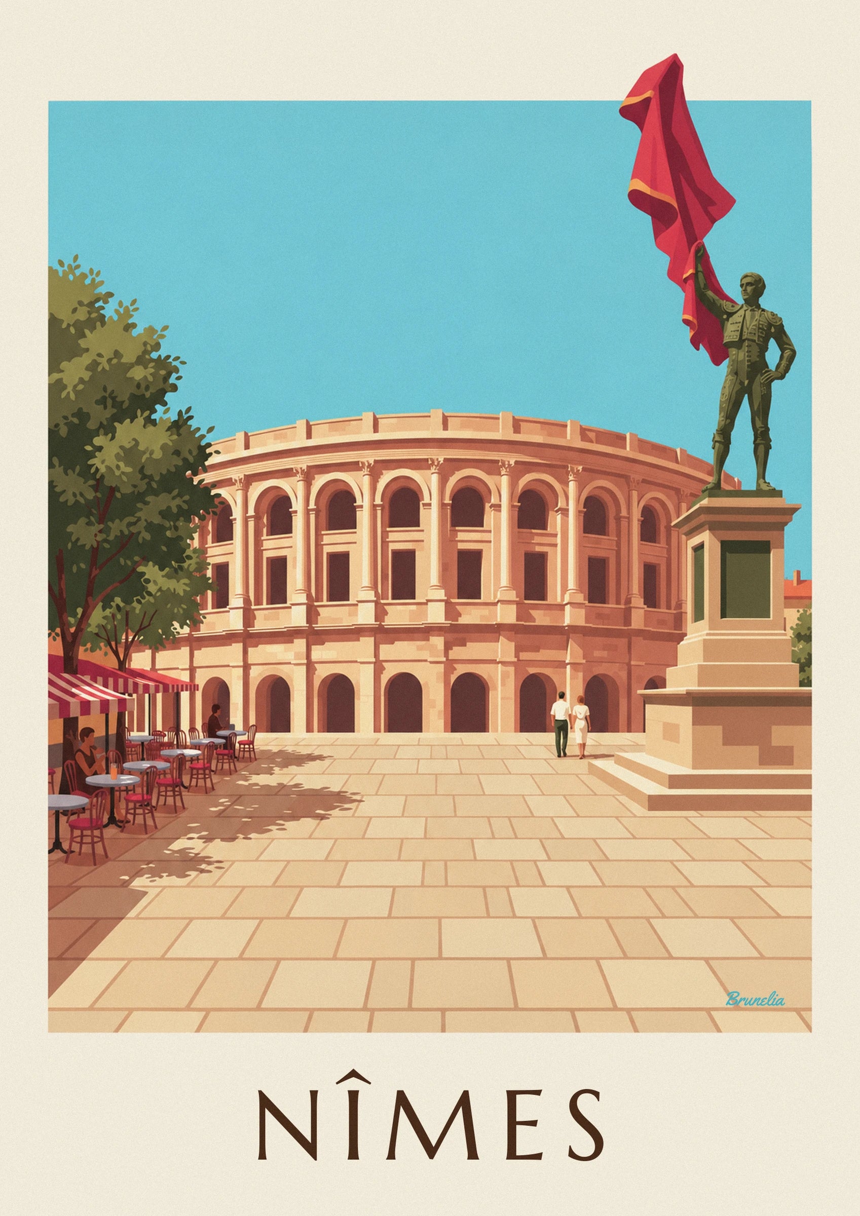 Poster Arena von Nîmes und Statue von Nimeño II an einem Feria-Tag: Detail in Nahaufnahme
