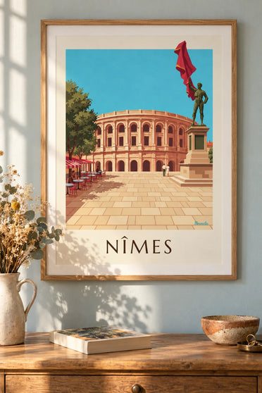 Affiche arènes de Nîmes et statue de Nimeño II un jour de feria : encadrée au mur