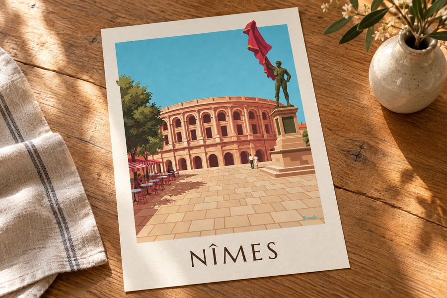 Poster Arena von Nîmes und Statue von Nimeño II an einem Feria-Tag: auf einem Tisch abgestellt