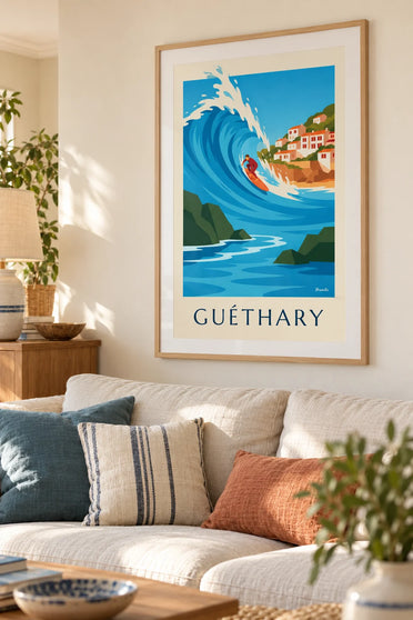 Affiche surfeur au milieu des rochers de Guéthary : encadrée au mur