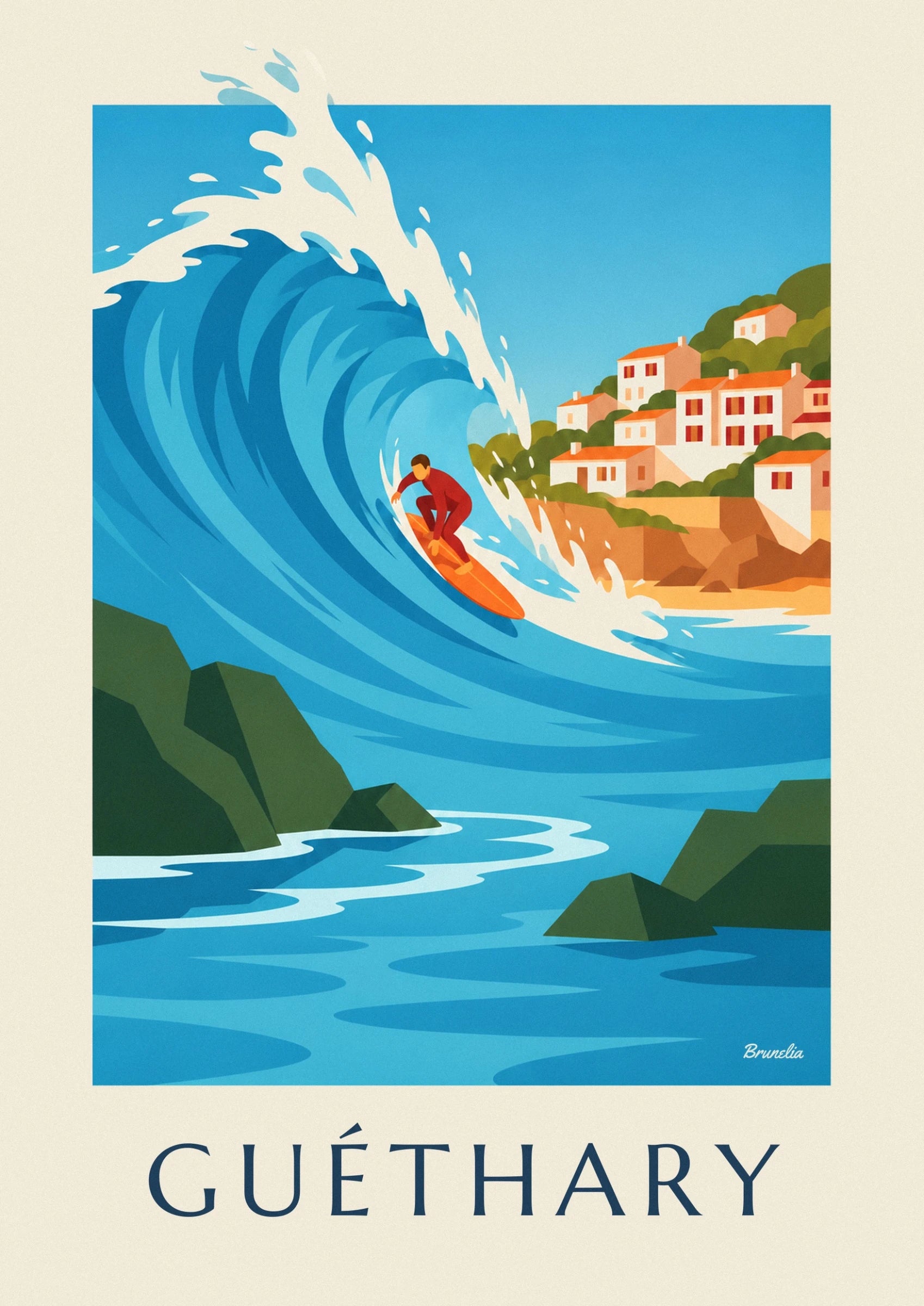 Le surfeur en combinaison rouge sur sa planche orange, au creux de la vague bleue