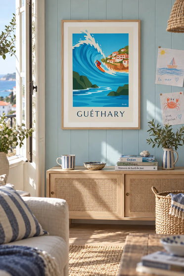 Surfer among the rocks of Guéthary poster: framed on the wall