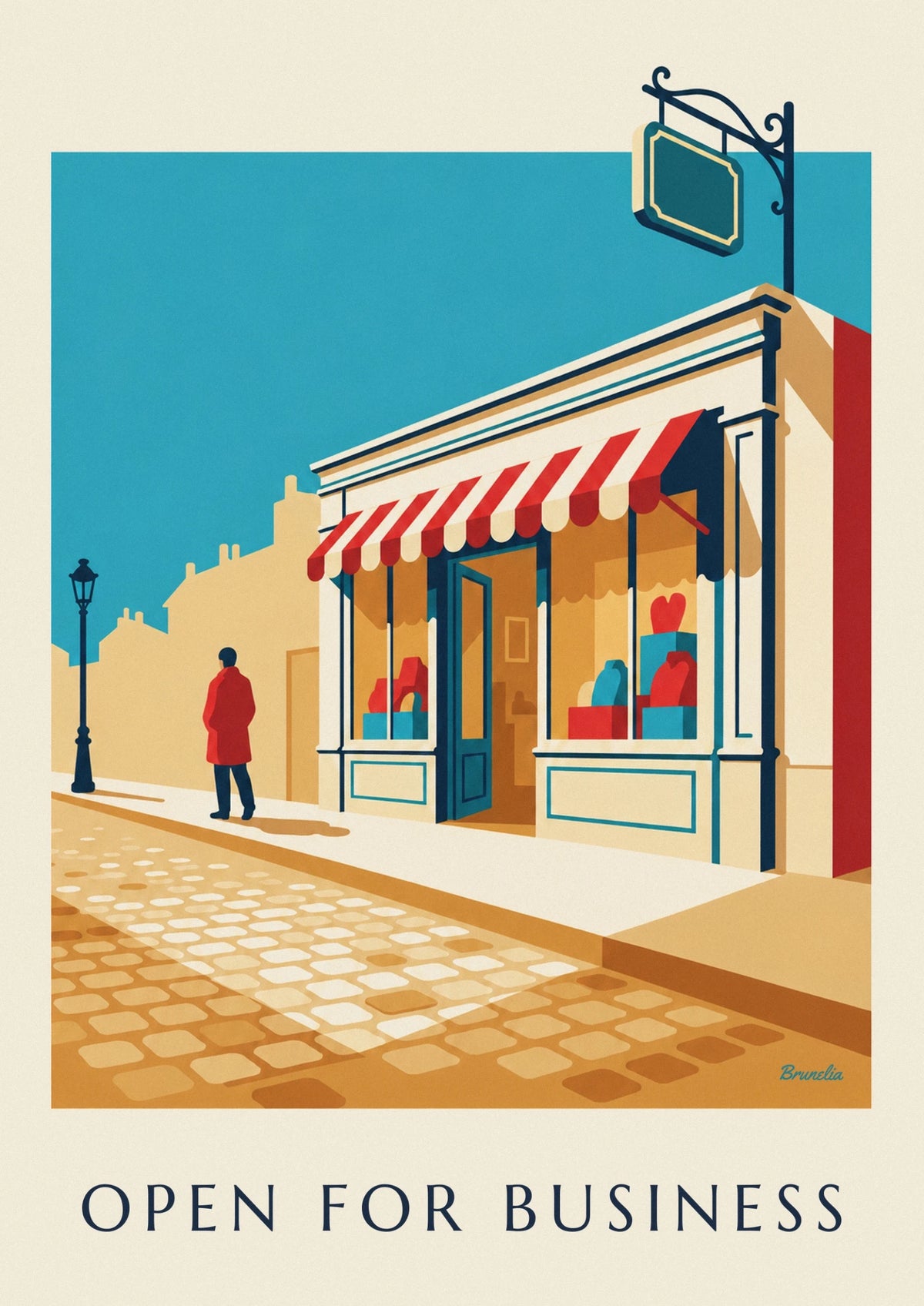 Affiche devanture d’épicerie de quartier Open for business