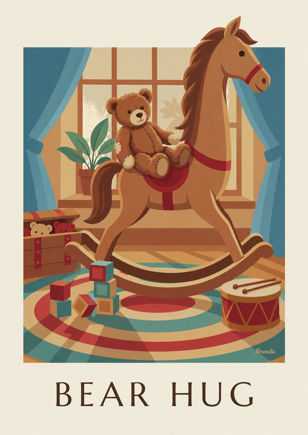 Affiche ours en peluche sur un cheval à bascule dans une nursery