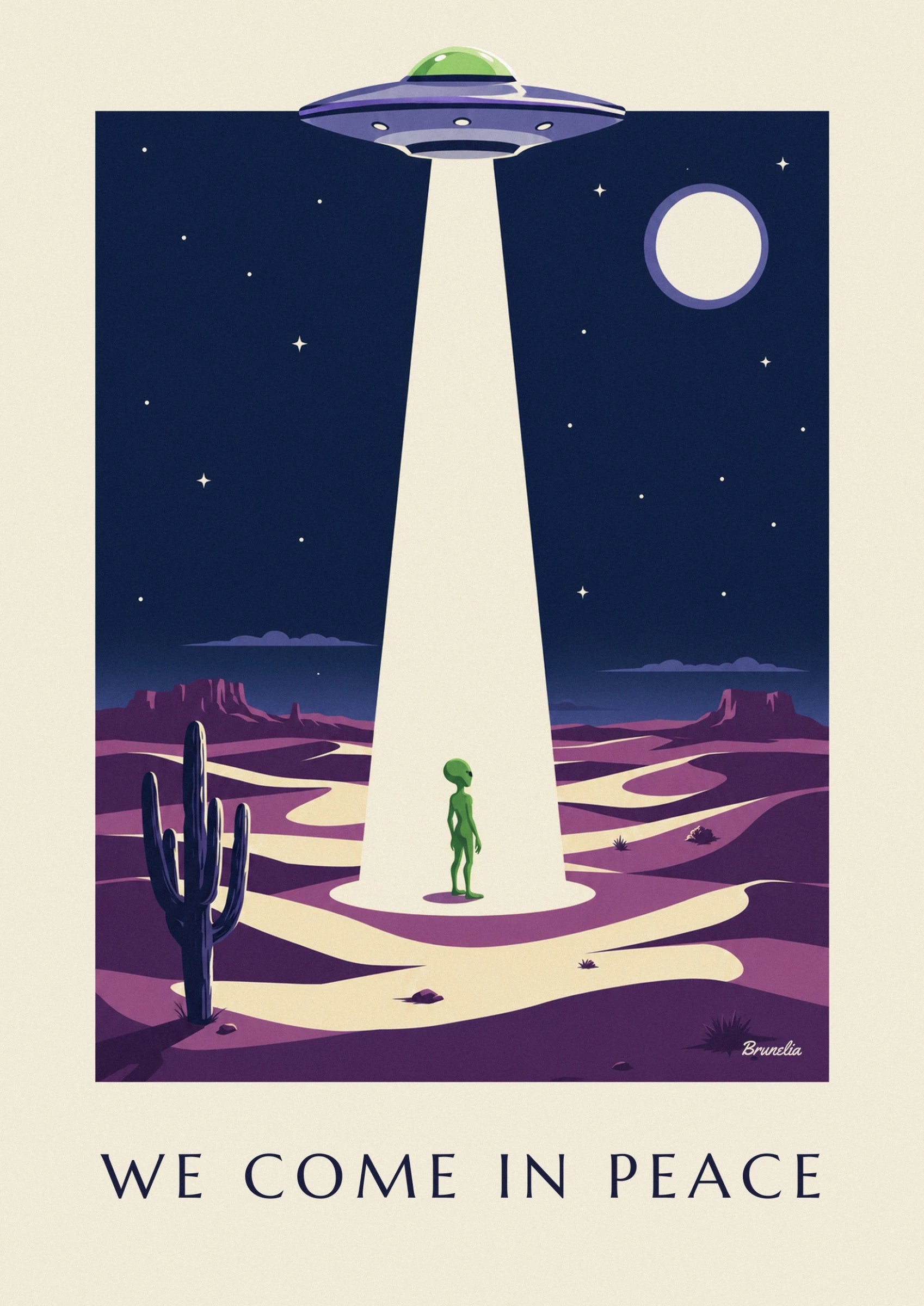 The purple flying saucer with its green dome and pale beam in the starry night