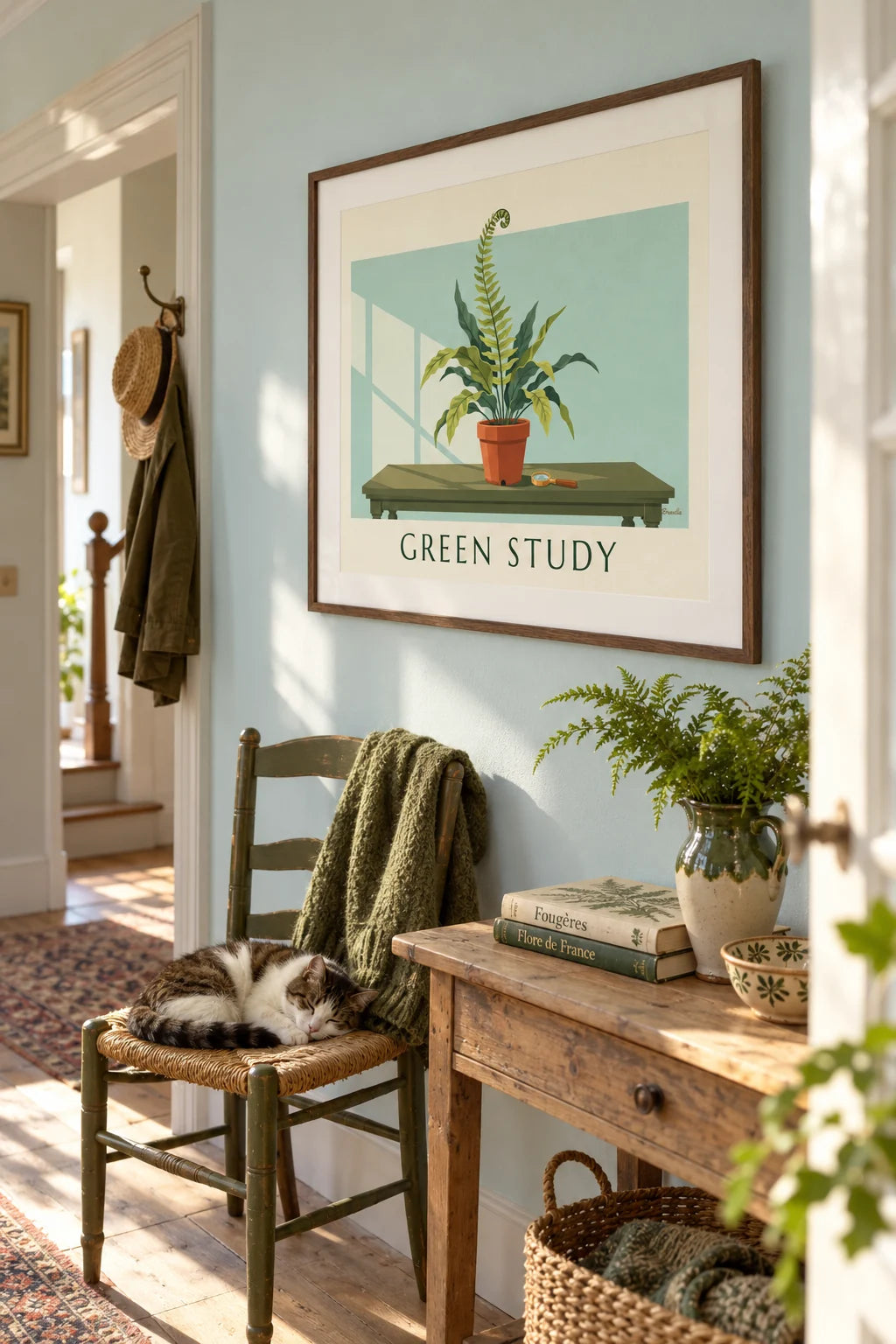 Salle de bain : mise en situation de Affiche fougère en pot sur une table de botaniste