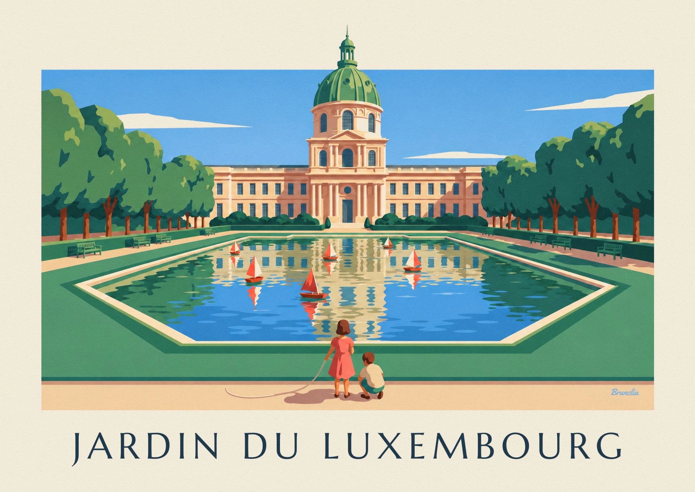 The palais du Luxembourg and its green dome above the pond with sailing boats