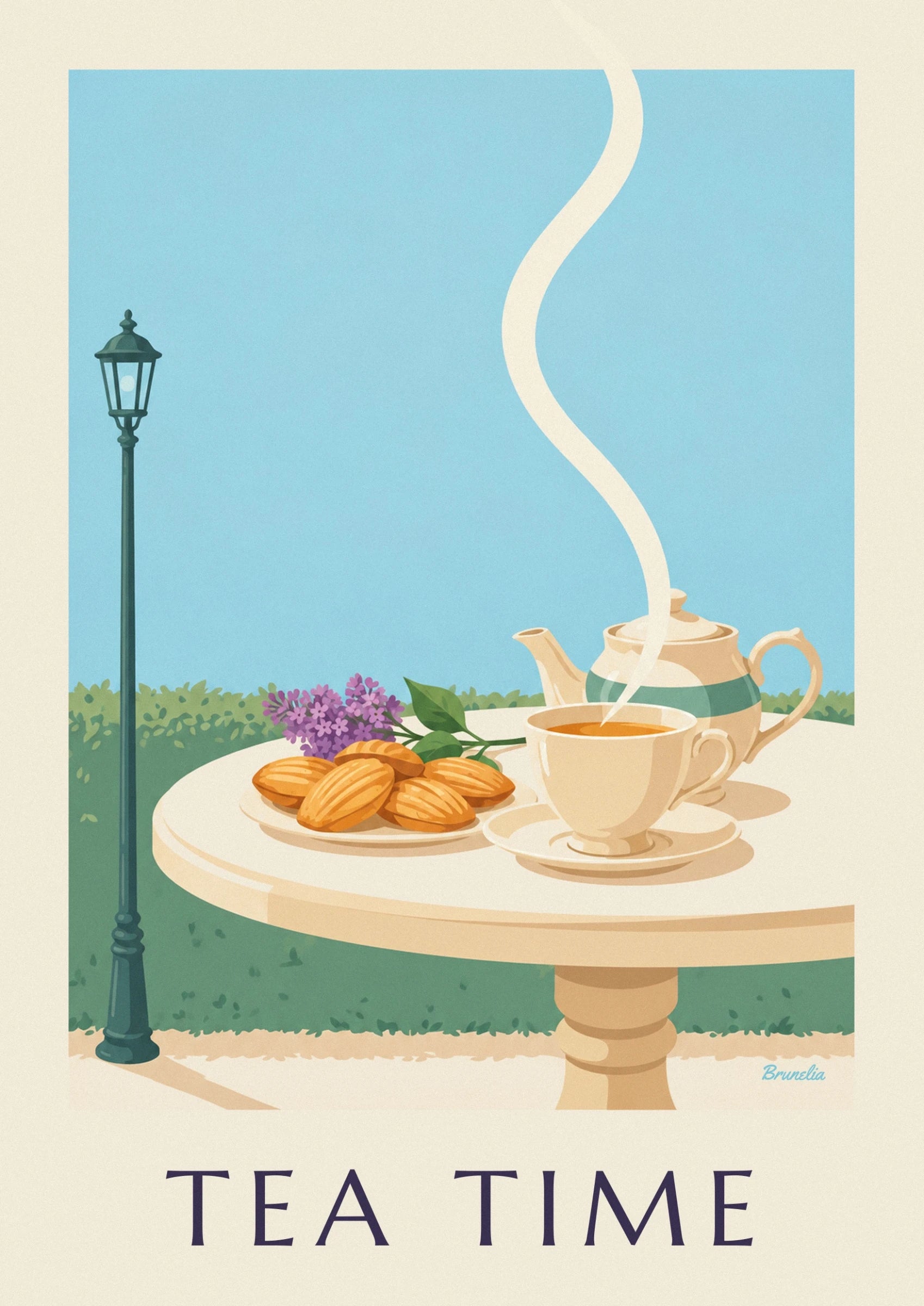 Une tasse de thé fumant et une théière crème à bande verte sur la table de jardin