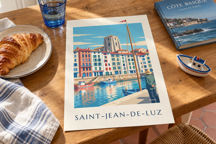 Poster kades en huizen van de haven van Saint-Jean-de-Luz: op een tafel