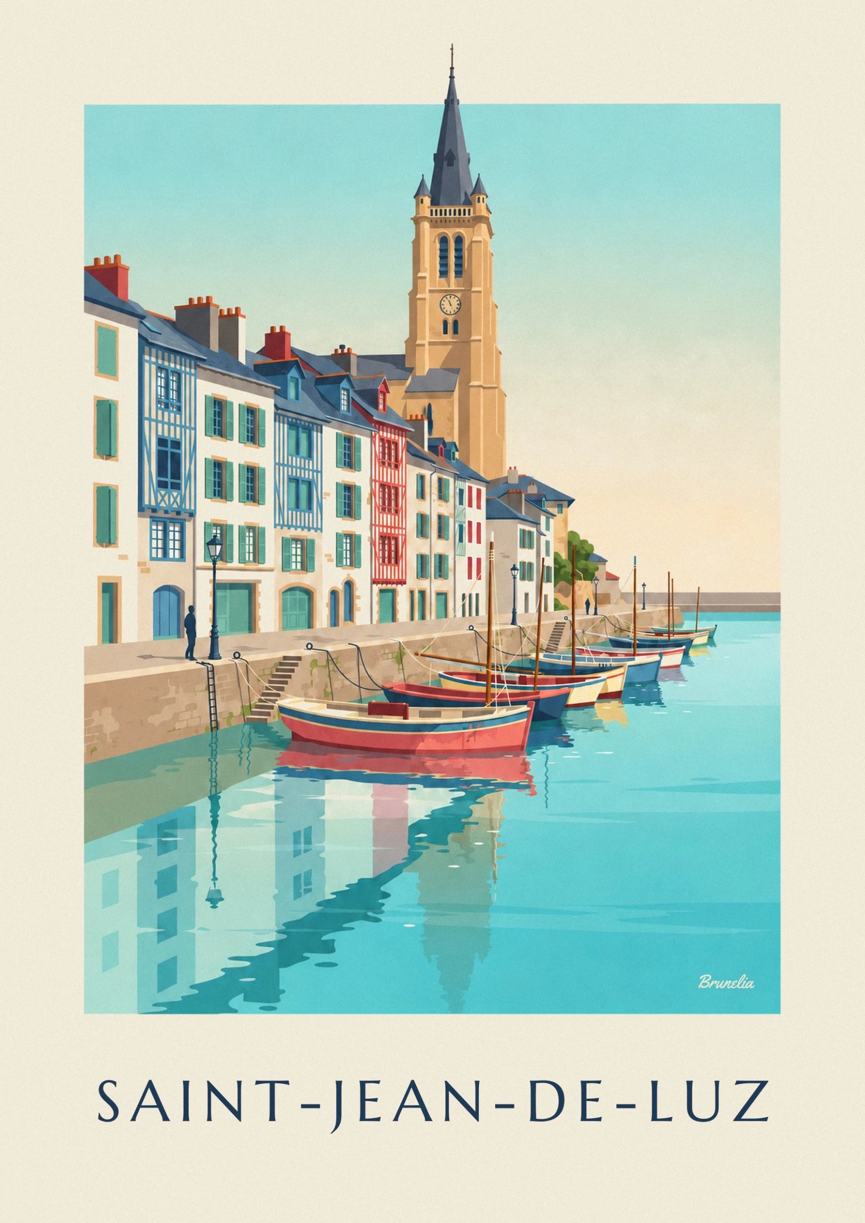 The red boat with blue trim and its reflections in the turquoise harbour water