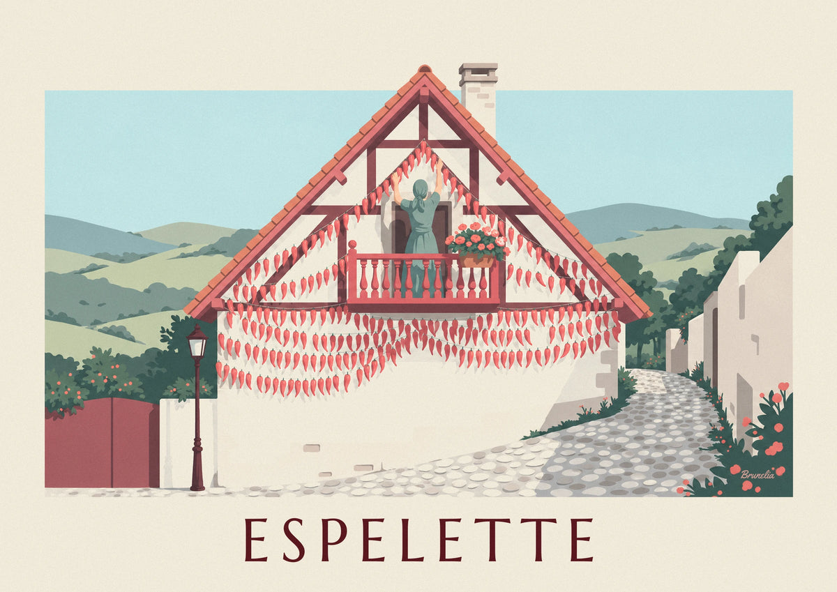 Affiche piments séchés sur une maison à colombages d'Espelette