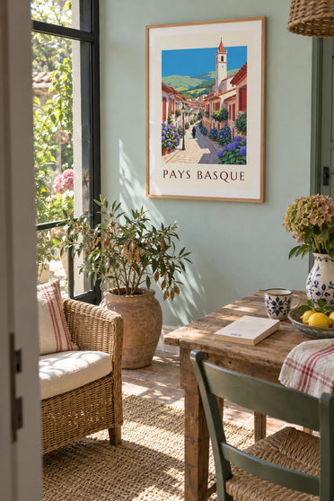Poster met rode luiken en hortensia's in Baskenland: ingelijst aan de muur
