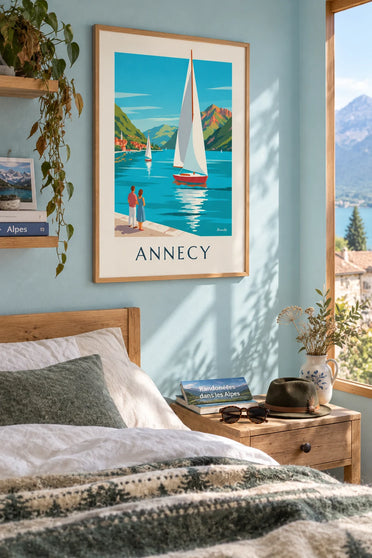 Poster of Lake Annecy and its sailboats at the foot of the Tournette: framed on the wall