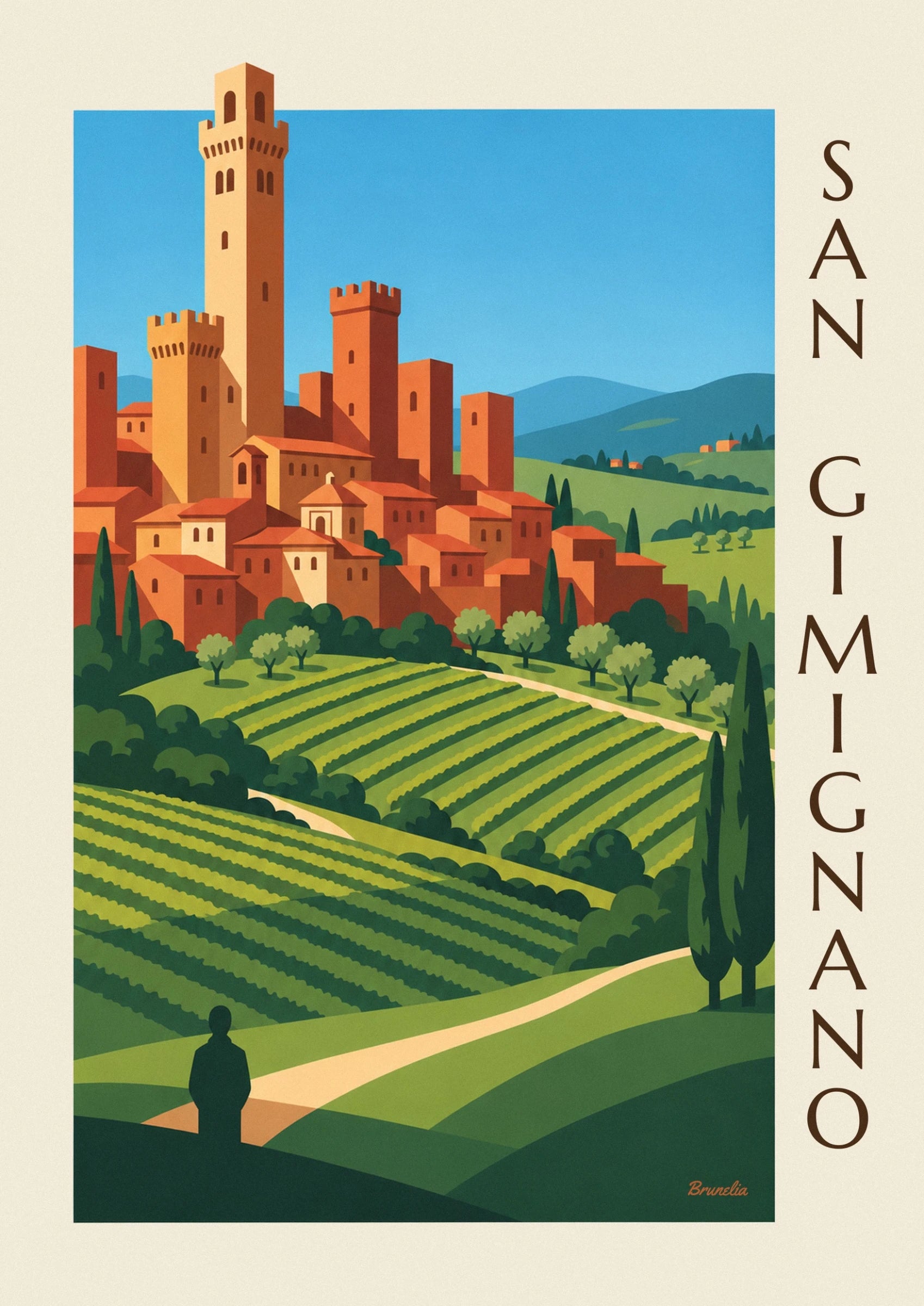 The ochre towers with battlements and narrow windows against the blue sky of San Gimignano