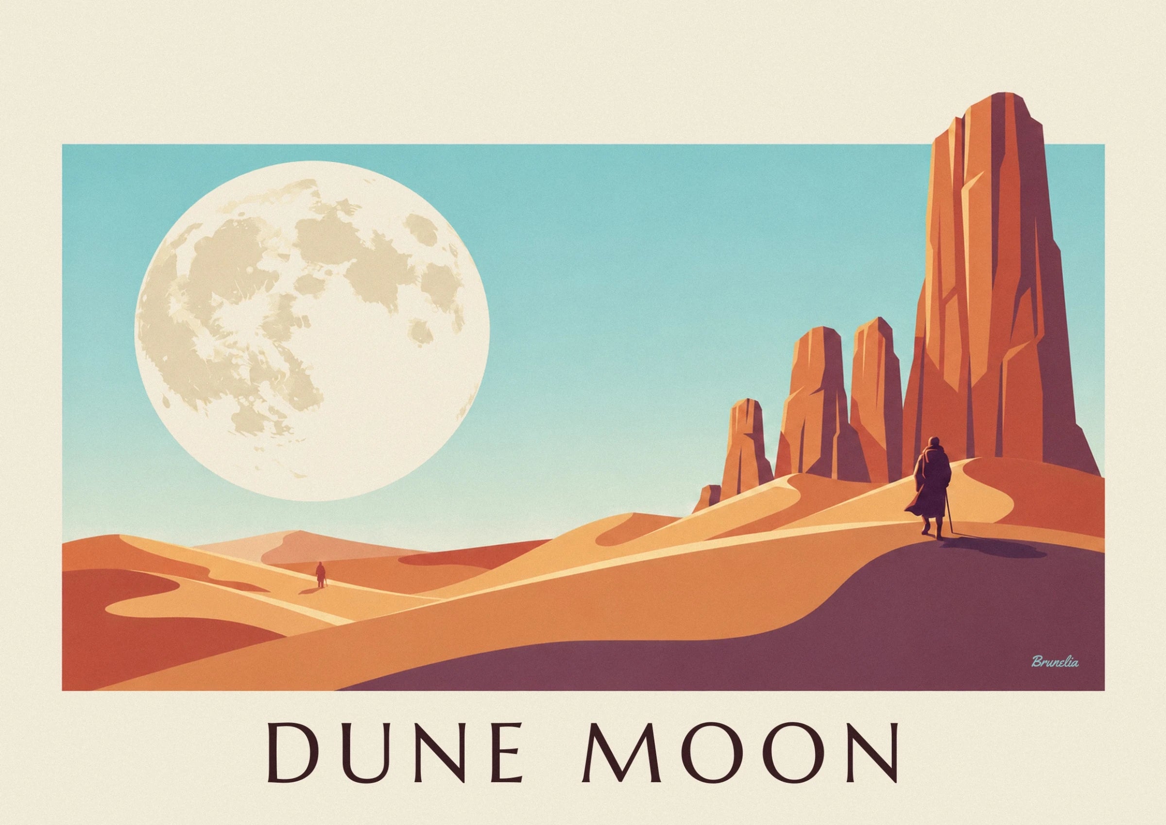 A giant moon with cream and beige craters against a turquoise sky