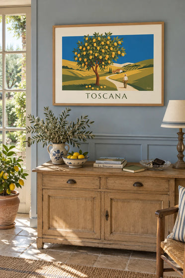 Poster of a lemon tree in a Tuscan garden in the sun: framed on the wall