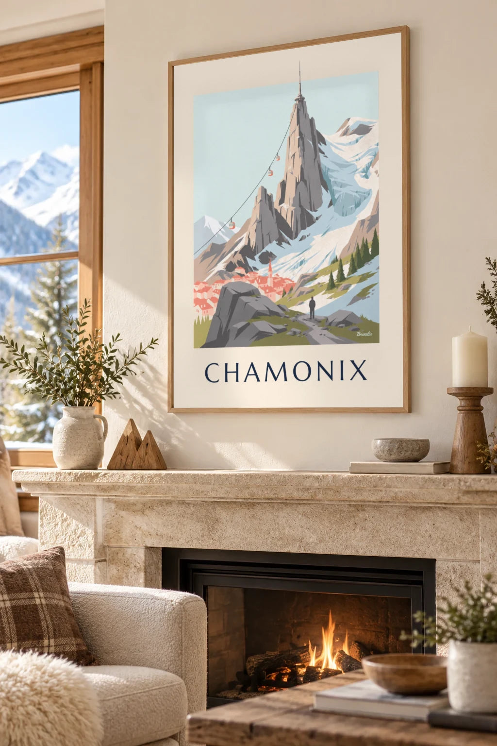 Mise en situation de Affiche aiguille du Midi et téléphérique au-dessus de Chamonix