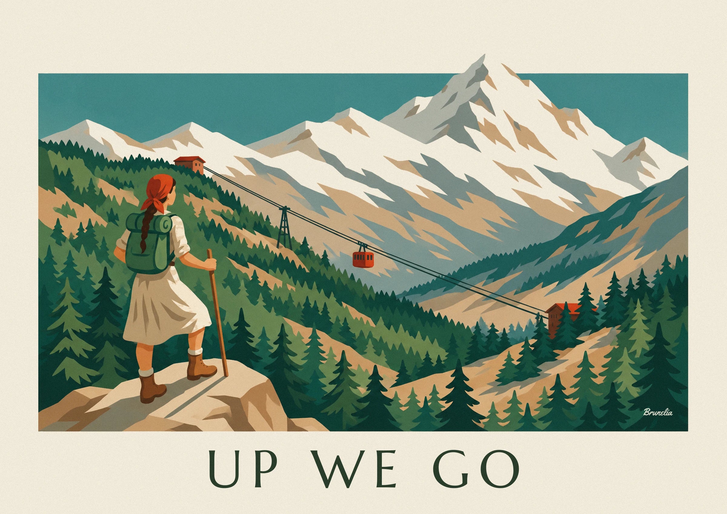 Affiche randonneuse face à un téléphérique et une montagne enneigée : détail en gros plan
