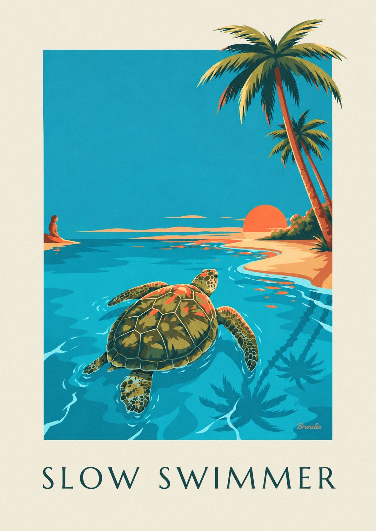 Affiche tortue marine nageant dans une eau turquoise au couchant
