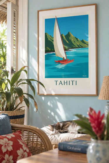 Affiche montagnes de Tahiti et pirogue à voile dans le lagon : encadrée au mur