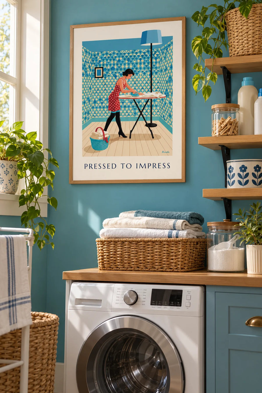 Affiche pin-up repassant une chemise sur sa planche à repasser : encadrée au mur