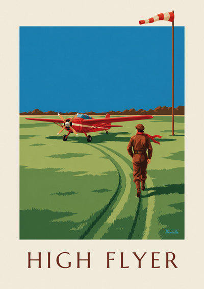 Affiche aviatrice et avion à hélice rouge sur une piste en herbe : l'affiche entière