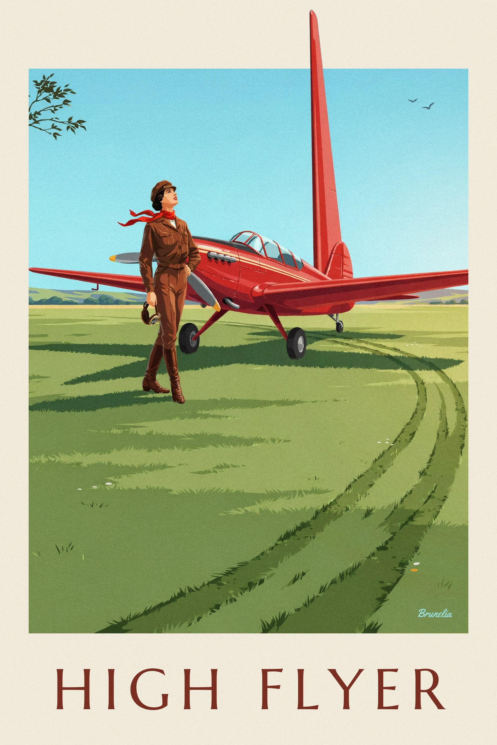L'aviatrice en blouson brun et foulard rouge, casque à la main, devant son avion rouge