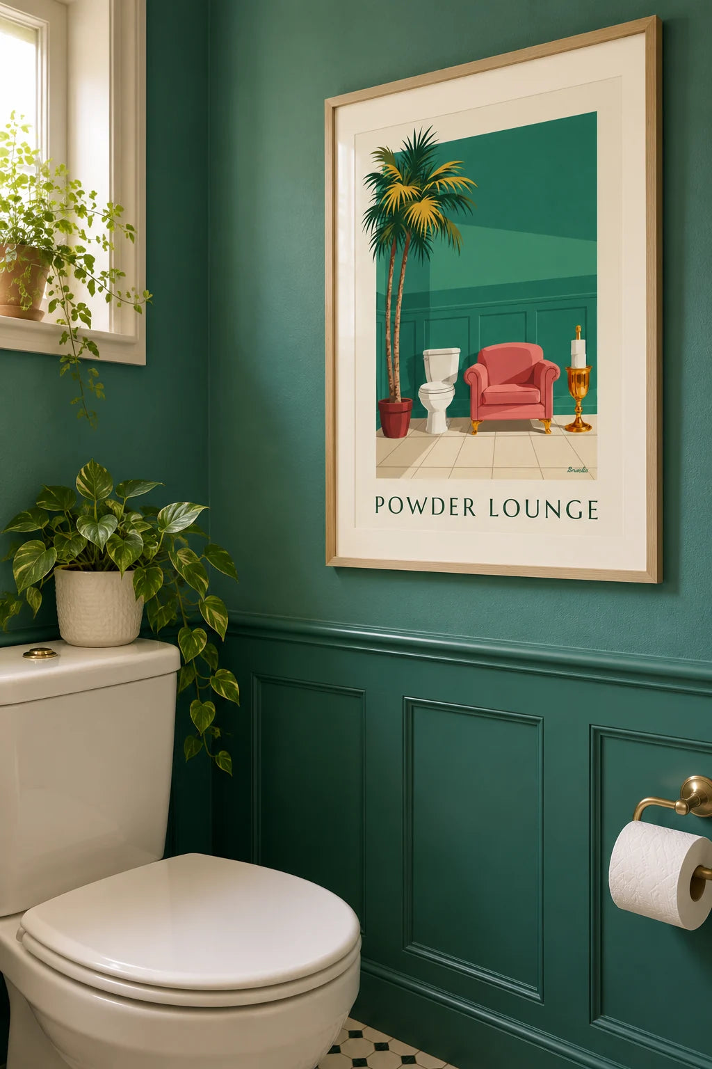 WC: Lustiges Poster fürs WC im Lounge-Stil mit Toilettenpapier im Raum