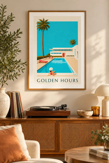 Poster witte modernistische villa met zwembad en palmbomen: ingelijst aan de muur