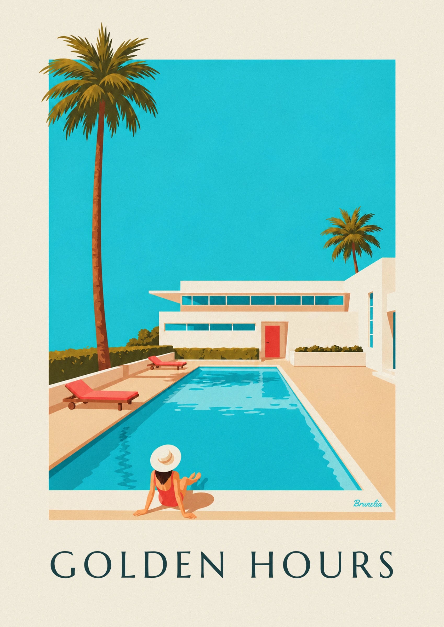 La baigneuse au chapeau blanc et maillot rouge, assise au bord de la piscine
