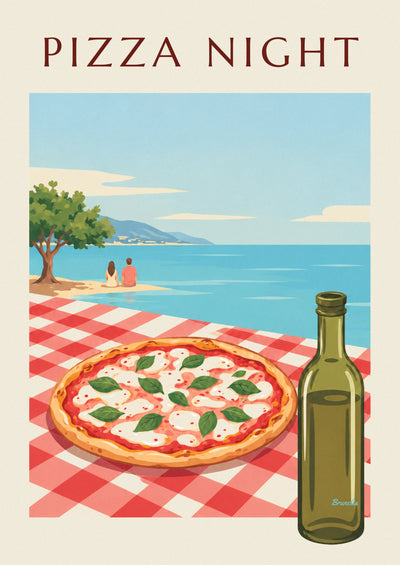 Poster pizza met mozzarella en basilicum op een geruit tafelkleed: de hele poster