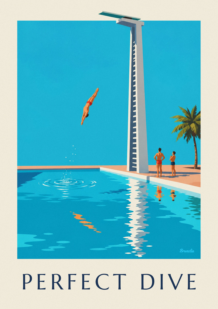 Poster Turmspringer im Sprung über einem Schwimmbecken