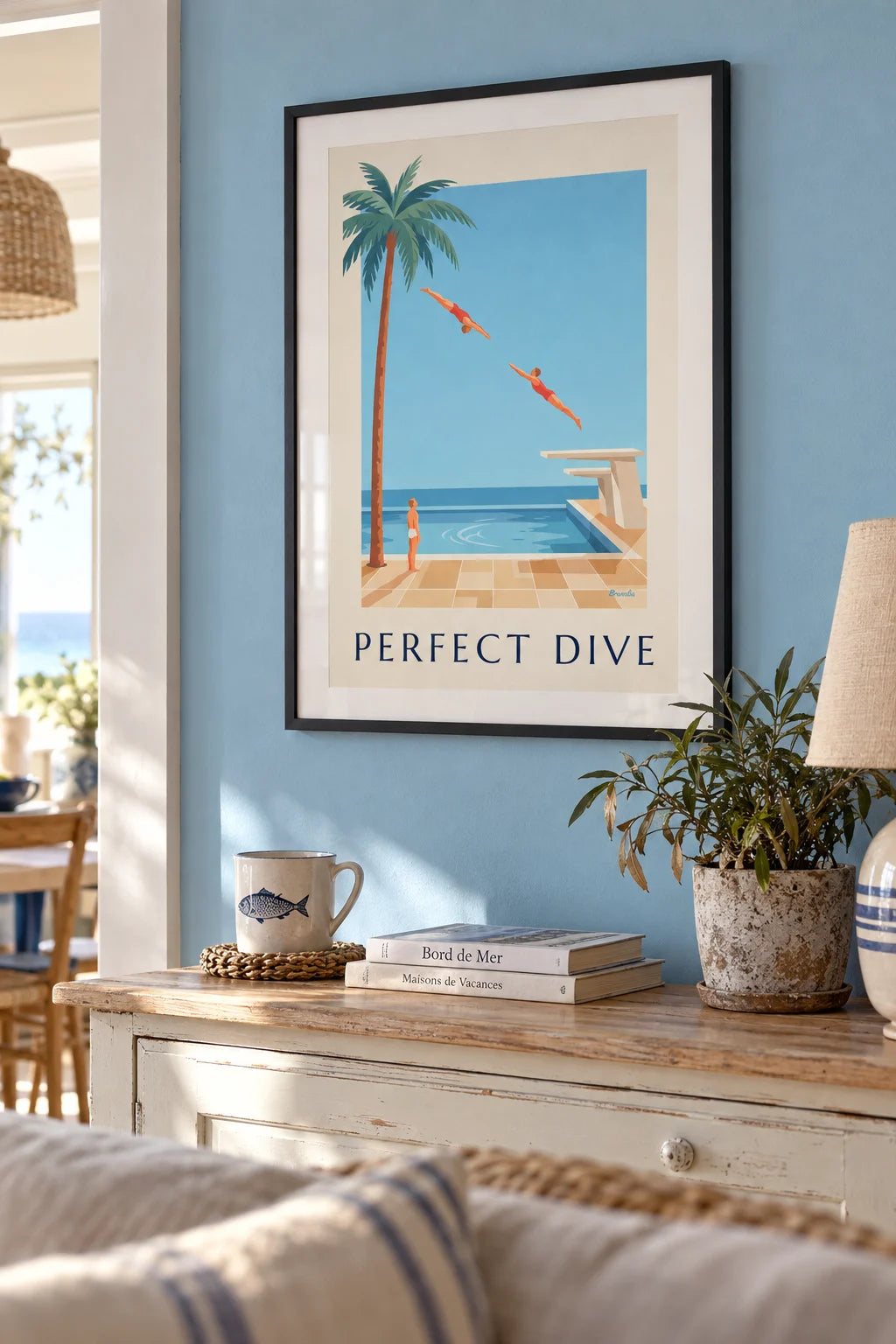 Mise en situation de Affiche plongeur en plein plongeon au-dessus d’une piscine