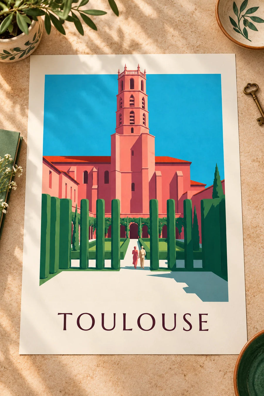 Affiche couvent des Jacobins et son cloître à Toulouse : posée sur une table