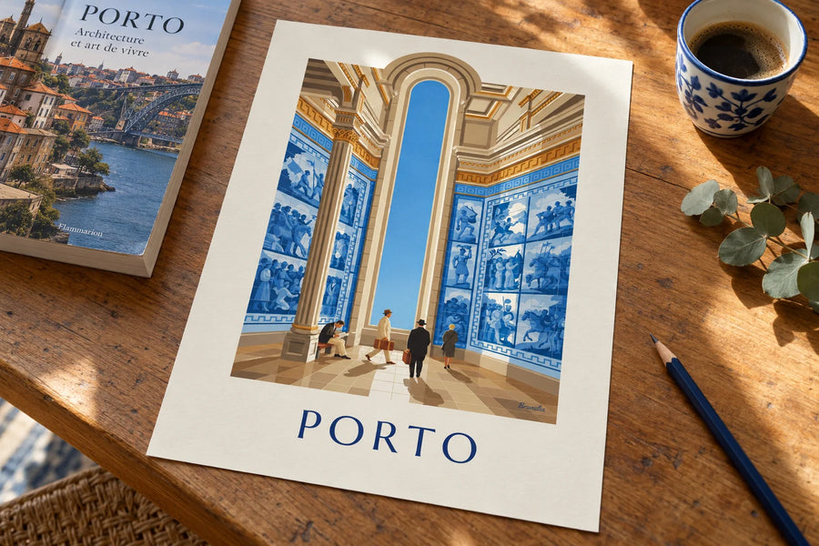 Poster van de azulejos van station São Bento in Porto: op een tafel