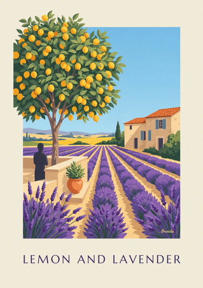 Poster Lavendel, Zitronenbaum und provenzalisches Haus mit blauen Fensterläden: das ganze Poster