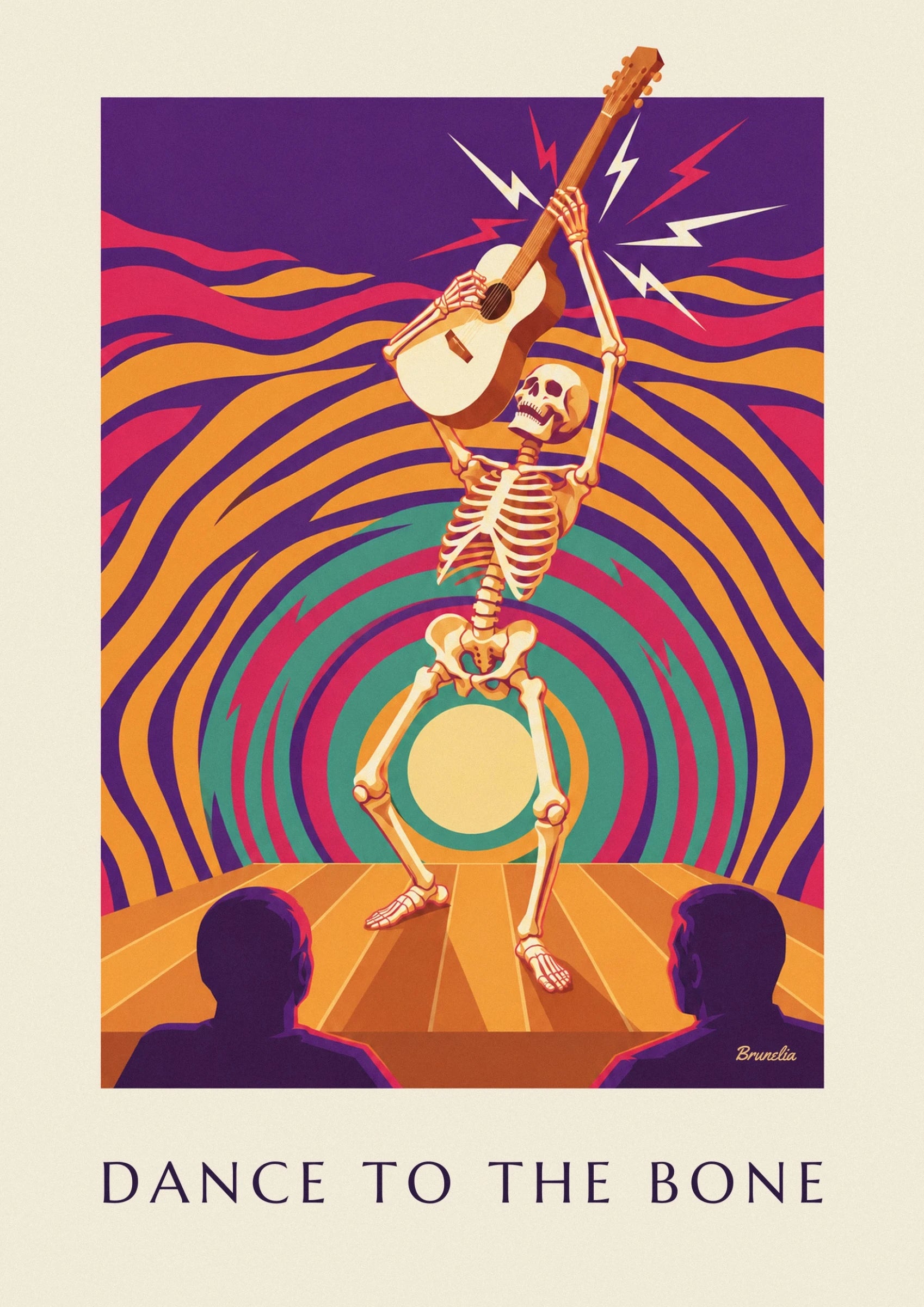 The skull and ribs of the skeleton with raised arms, beneath a guitar
