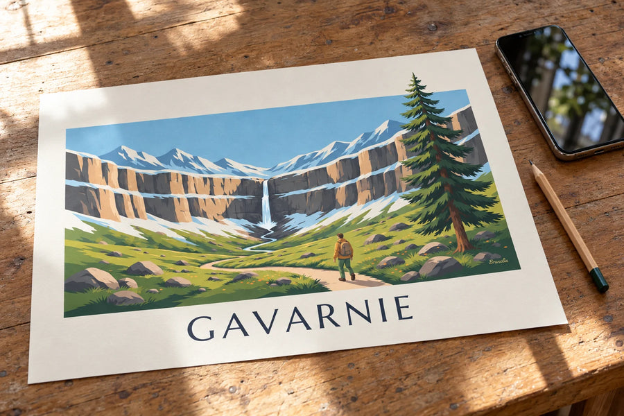 Poster Wanderer vor dem Wasserfall im Cirque de Gavarnie: auf einem Tisch aufgestellt