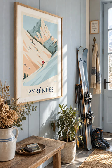 Poster van een skiër in de poedersneeuw van de Pyreneeën: ingelijst aan de muur