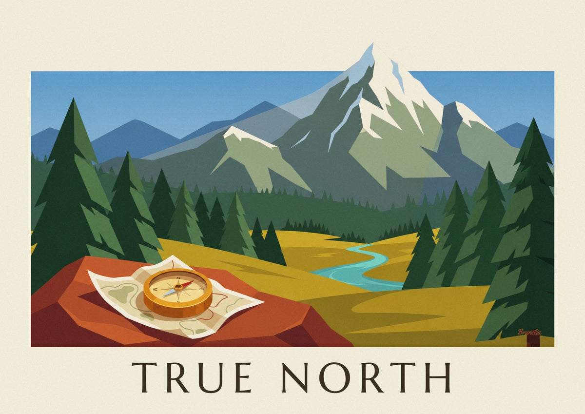 Brass compass on mountain hiking map poster