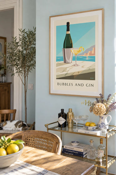 French 75 cocktail served in a champagne coupe poster: framed on the wall