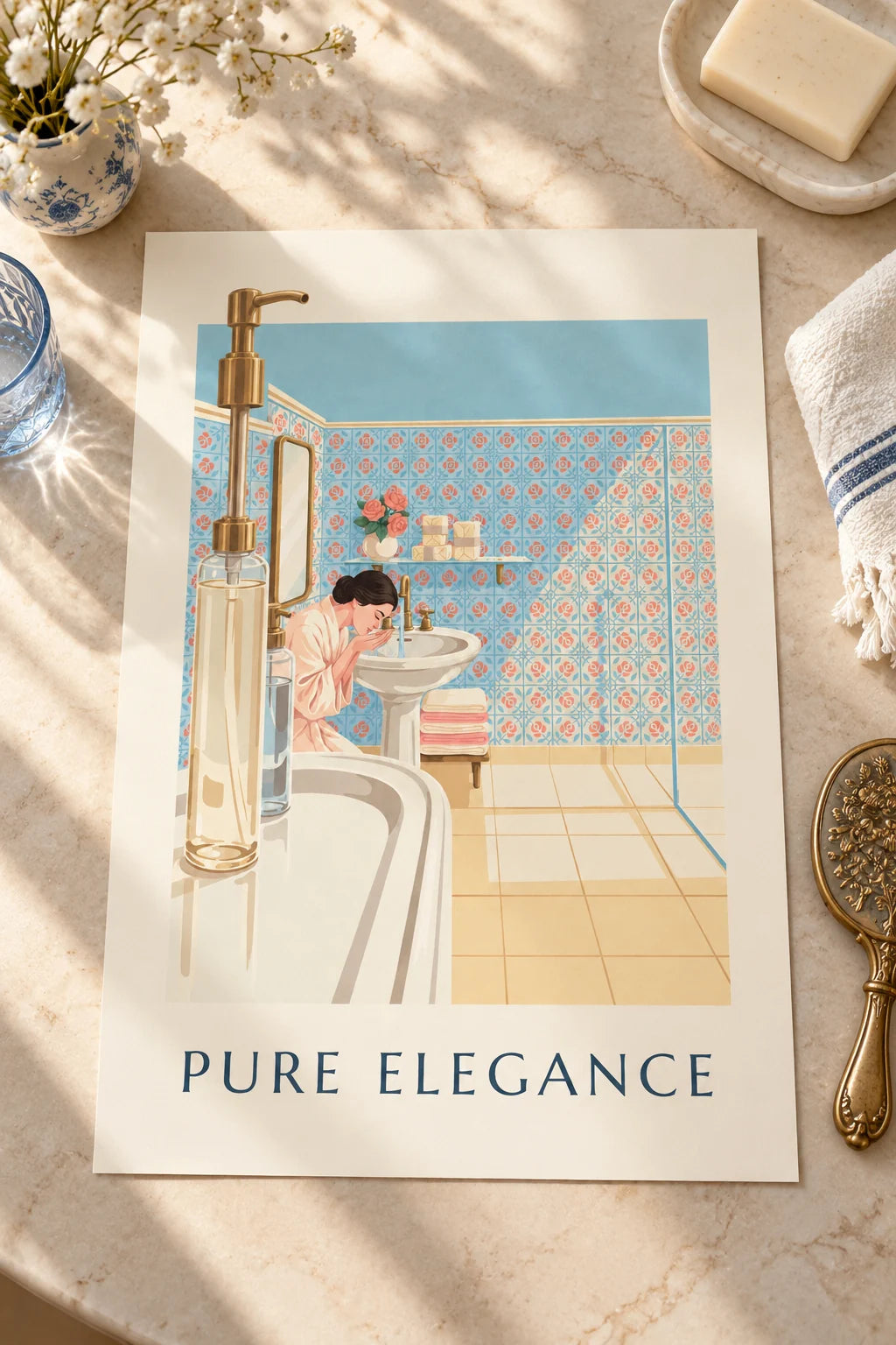 Salle de bain : mise en situation de Affiche salle de bain ensoleillée, savons et lavabo en porcelaine