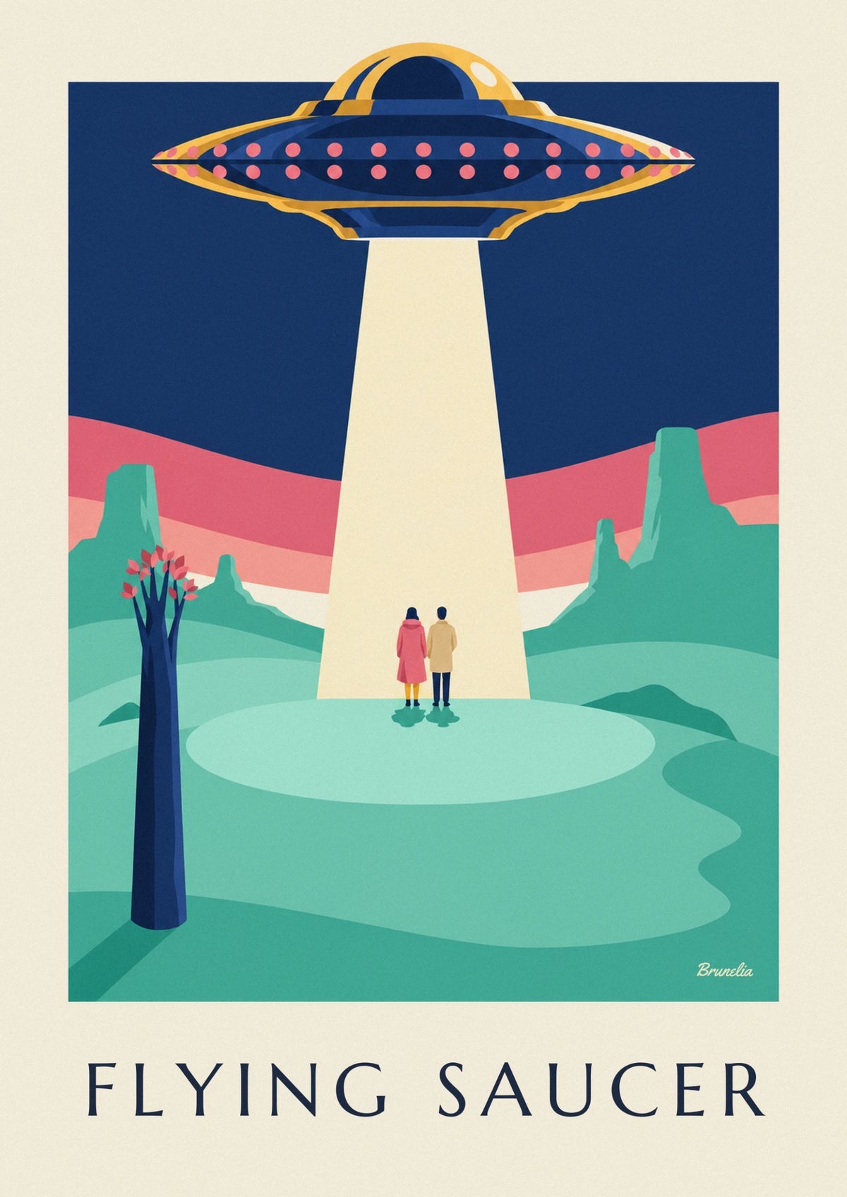 Flying saucer over a pastel planet poster